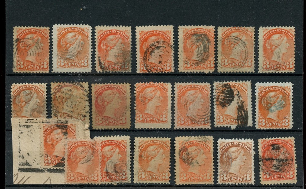 21 -- SMALL QUEEN 3 cent Various cancels, corks, used lot CAnada