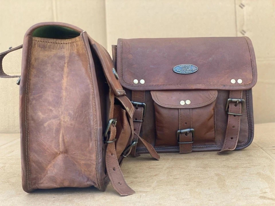 Volume Leather Motorcycle Goat Bag two Brown Retro Saddlebag