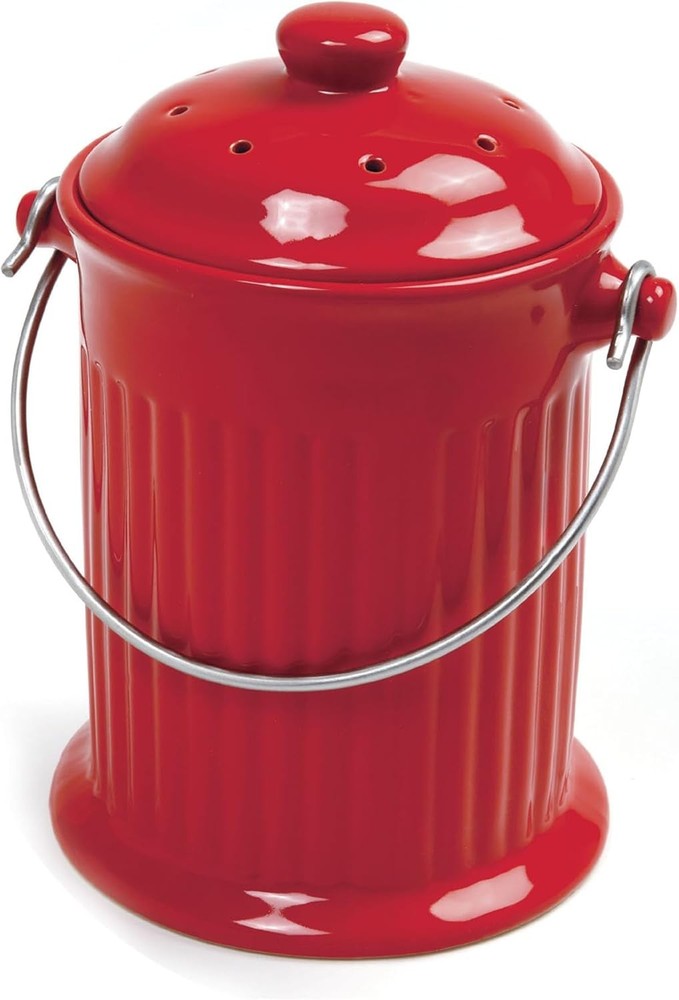 1 Gallon Red Ceramic Compost Keeper with Stainless Steel Handle & Filter