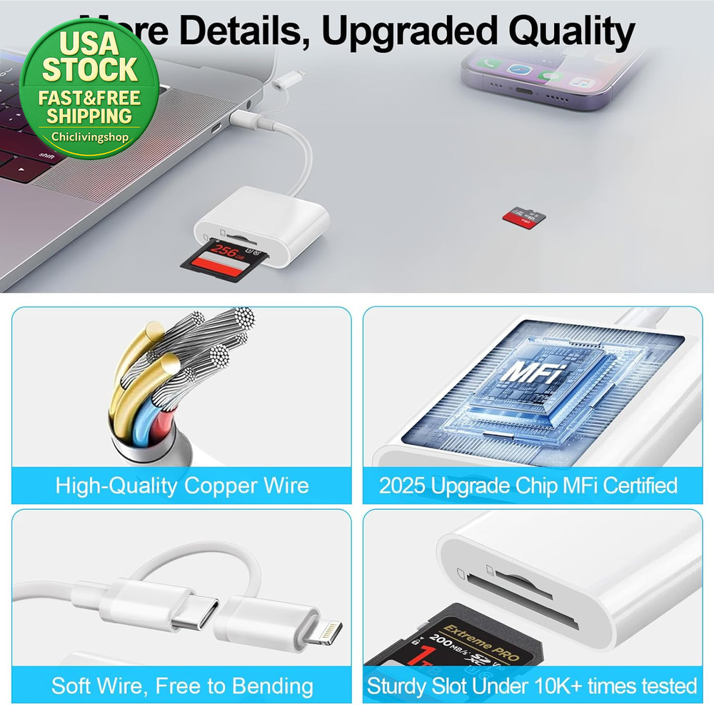 SD Card Reader Lightning USB C Adapter for Iphone Ipad Mac Dual Connector