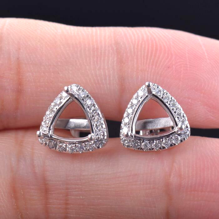 Natural Diamond Women Earrings Stud Setting Solid 14K White Gold Trillion 8×8MM