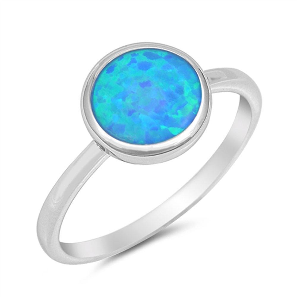 Bezel Solitaire Solid Round Blue Opal .925 Sterling Silver Ring