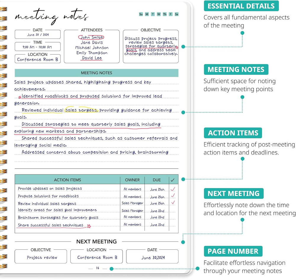 Meeting Notebook for Work Organization - Work Notebook with Action Items, Meetin