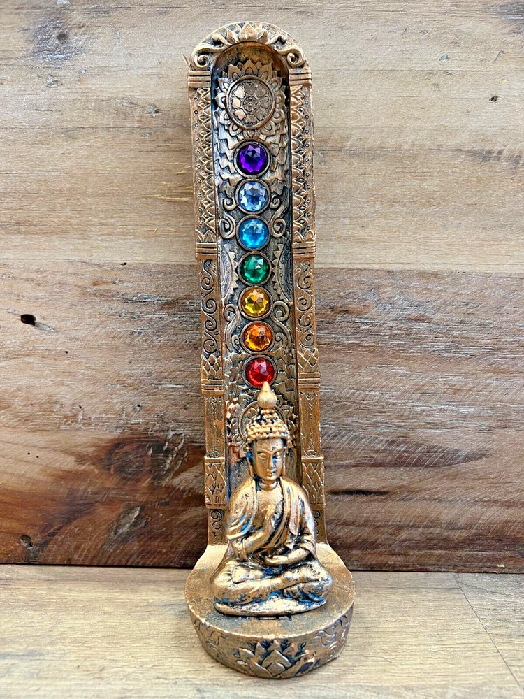 Buddha Incense Burner Chakra Design, Resin 9"H