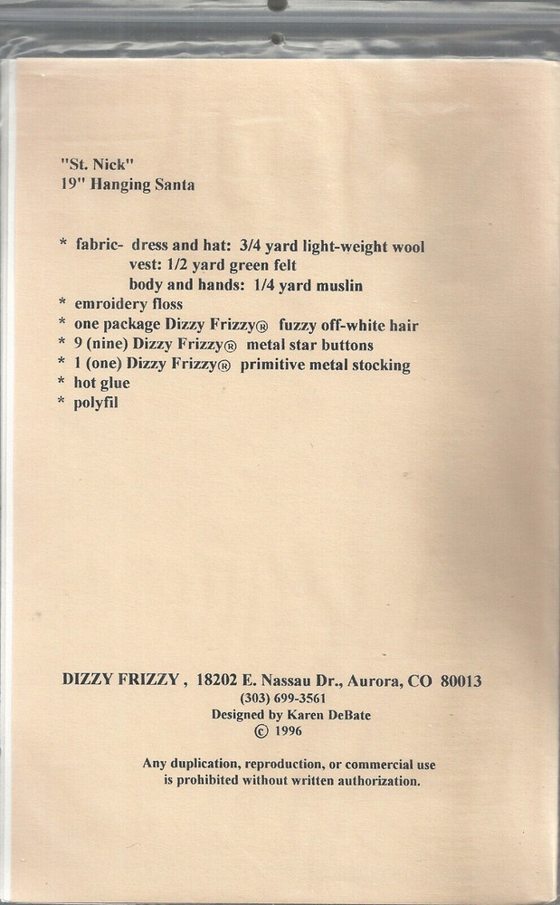 DIZZY FRIZZY 19" HANGING ST. NICK SEWING #405 PATTERN ©1996