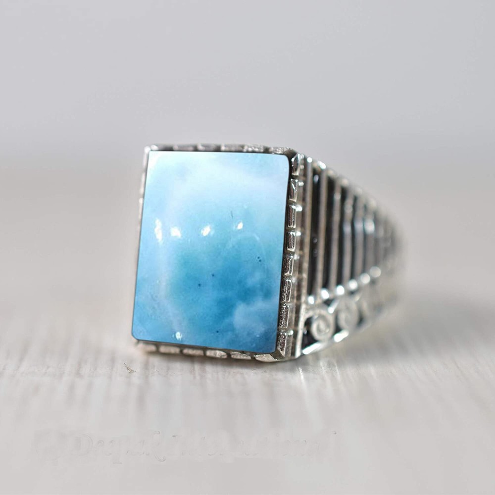 Solid 925 Sterling Silver Natural Blue Dominican Larimar Gemstone Men's Ring