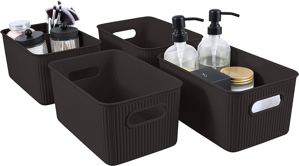 Superio 5L Small Ribbed Storage Bin- Plastic Storage Bin (4 Pack, Brown)