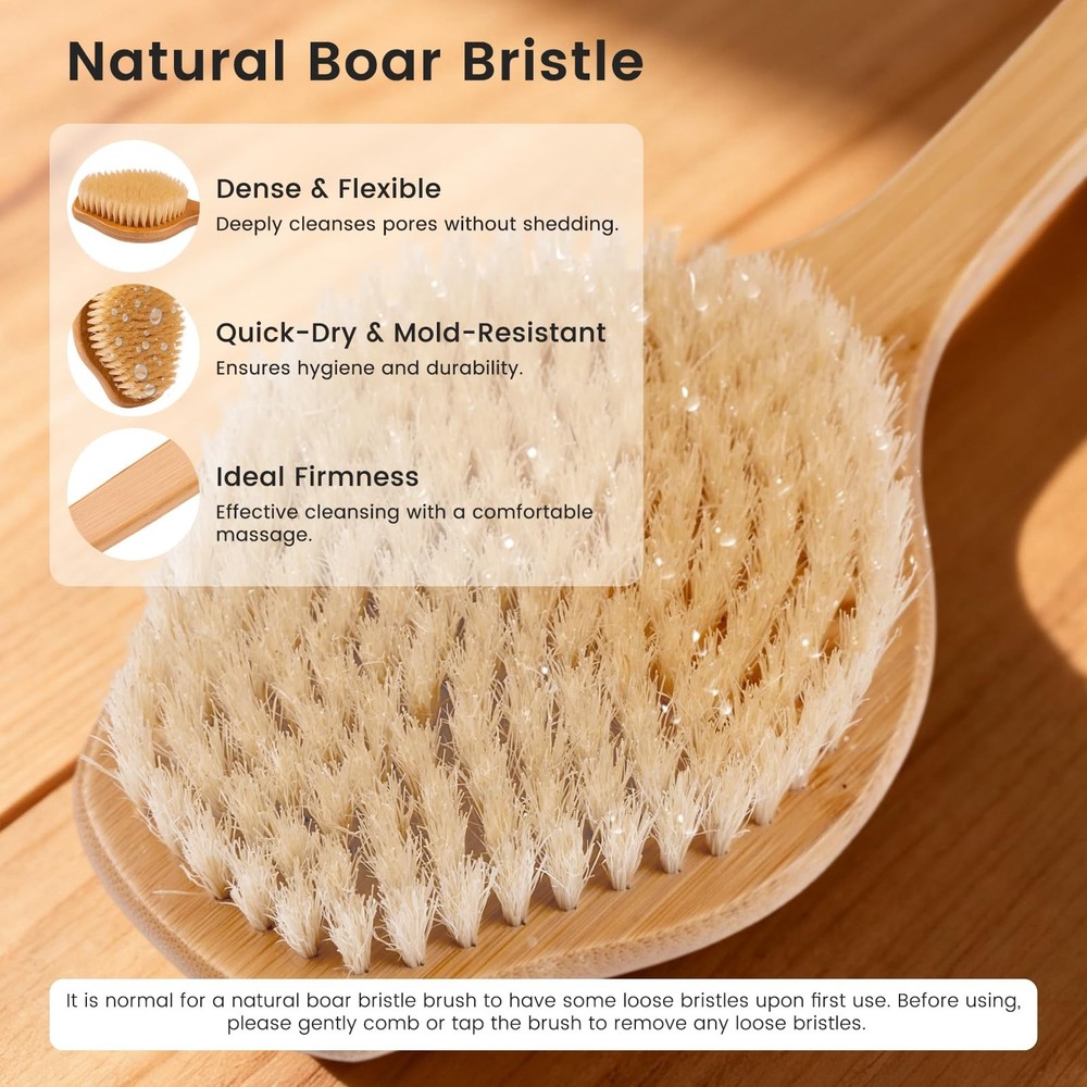 Bamboo Back Scrubber for Shower with Curved Long Handle - Stiff
