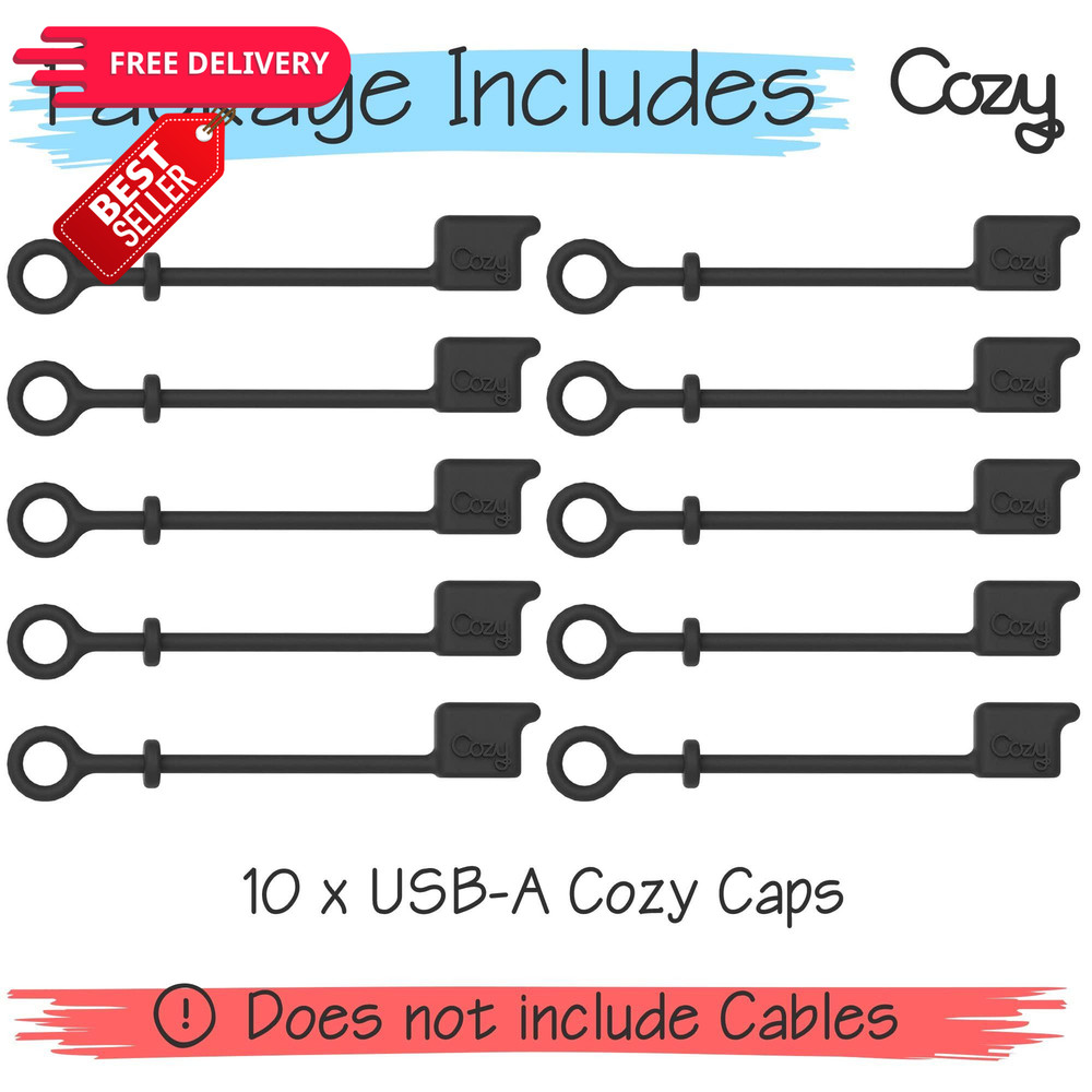 [10-Pack] Cozy USB Caps/Covers/Tether for A USB-A (2) - Black - 10 Pack