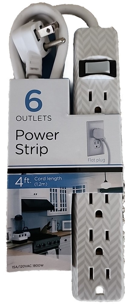 6-Outlet Power Strip ~ 4 Ft Extension Cord ~ Grey & White CHEVRON ~ Flat Plug