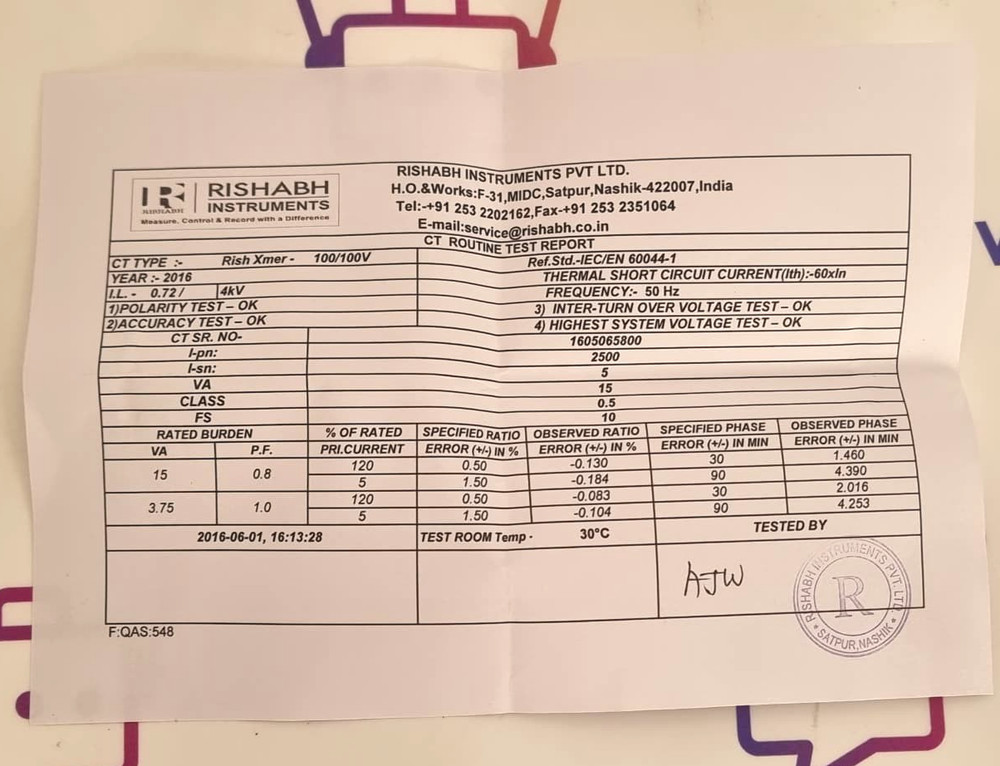 RISHABH INSTRUMENTS RISH Xmer 100/100V Current Transformer 2500/5A