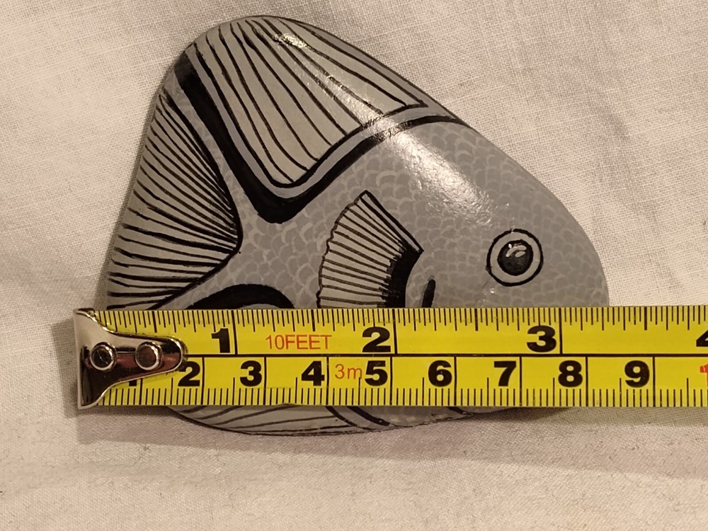 Hand Painted Stone Rock Gray Fish Signed