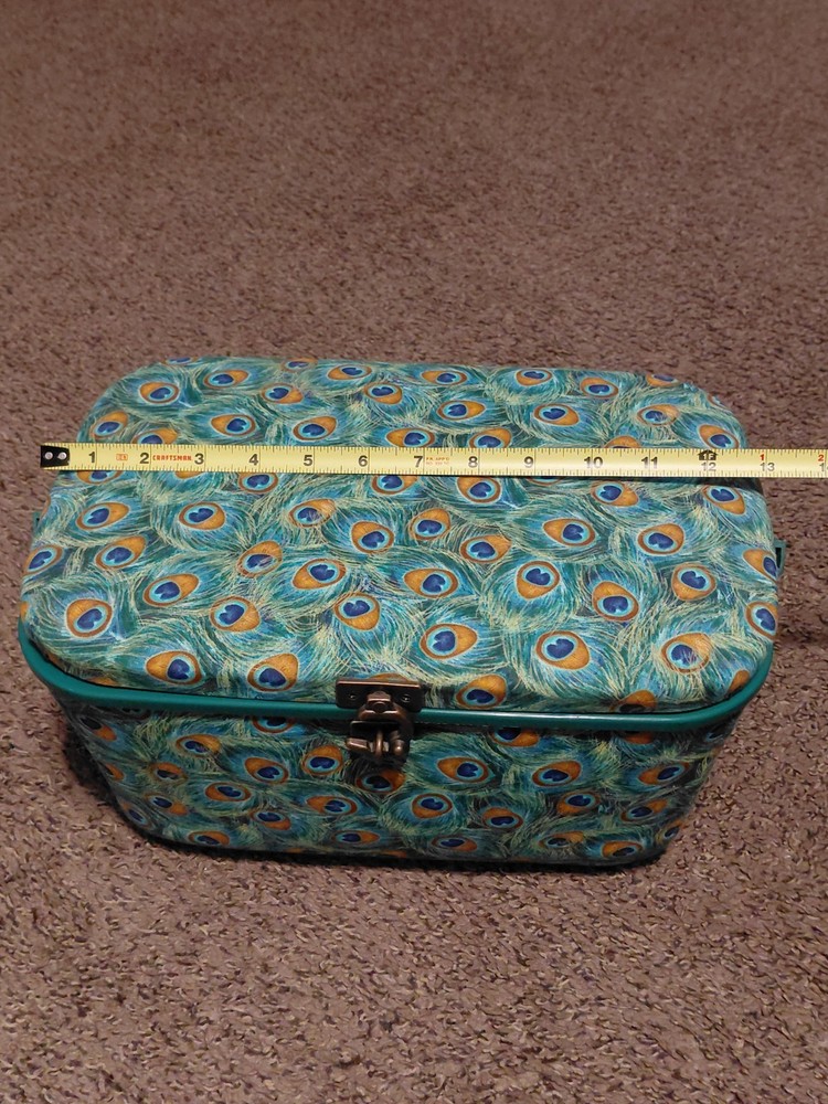 Dritz Peacock Feather Fabric Covered Sewing Basket Box + Mini Sewing Kit