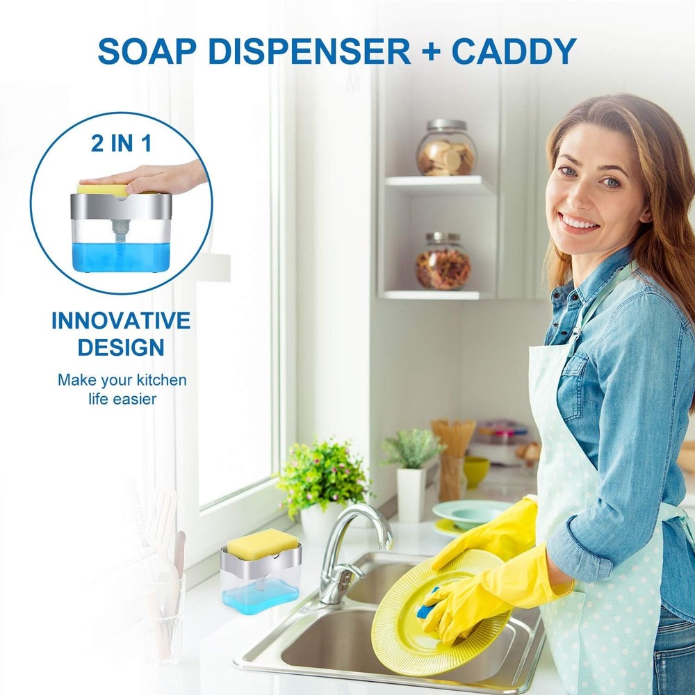 Kitchen sink soap dispenser with sponge holder
