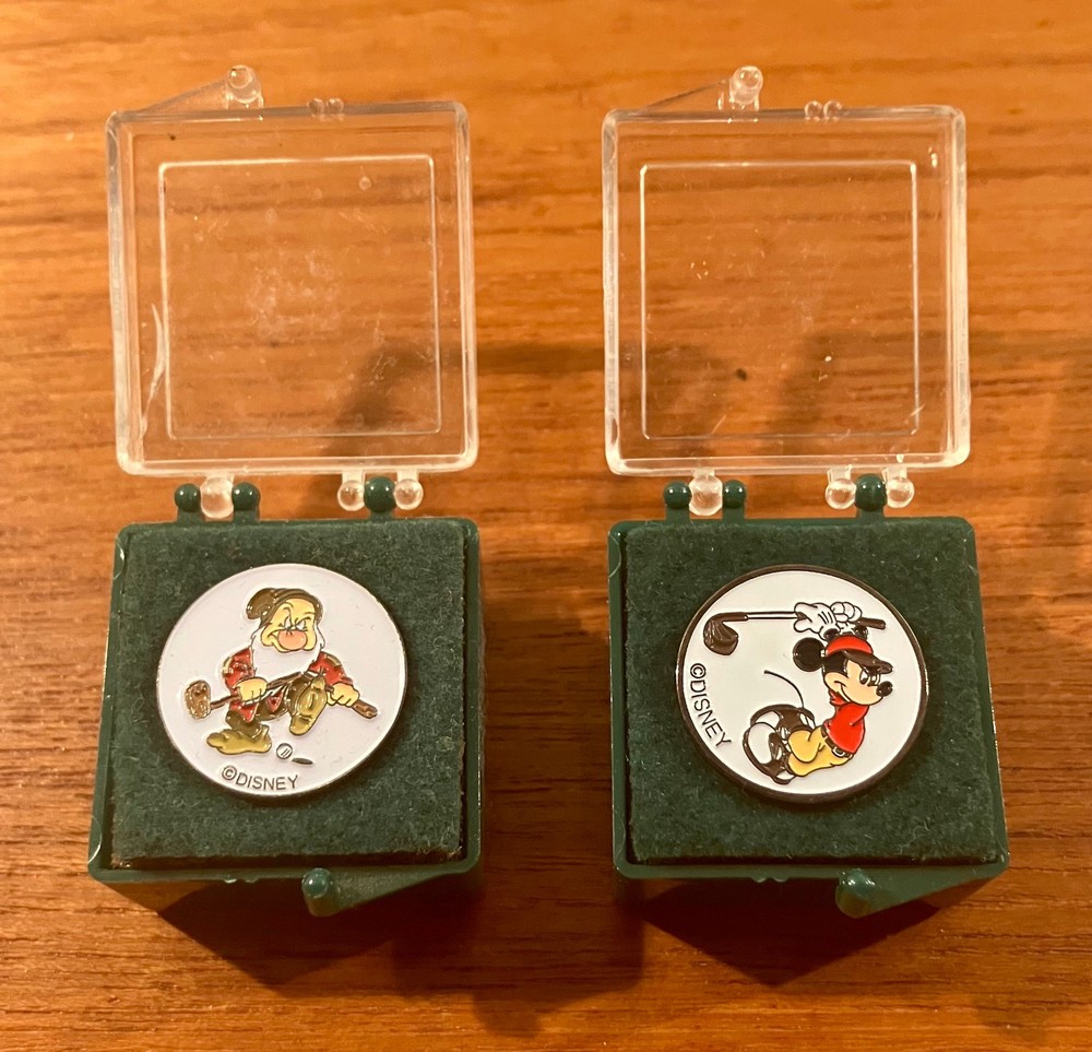 Two (2) Golfing Mickey Mouse Grumpy Disney Metal Stem Logo Golf Ball Markers