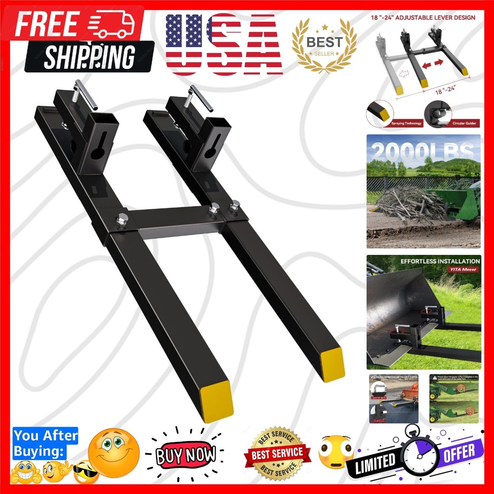 43" , 2000lbs Heavy Duty Quick Attach Bucket Fork with Adjustable Stabilizer ...
