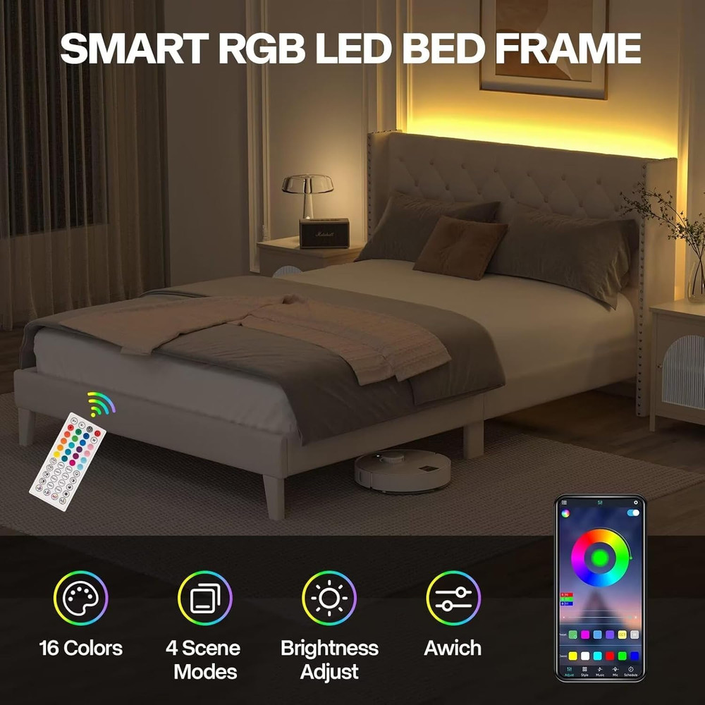 DOGIBIXO Queen Size Bed Frame with LED Lights, Upholstered Bed Frame with Wingba