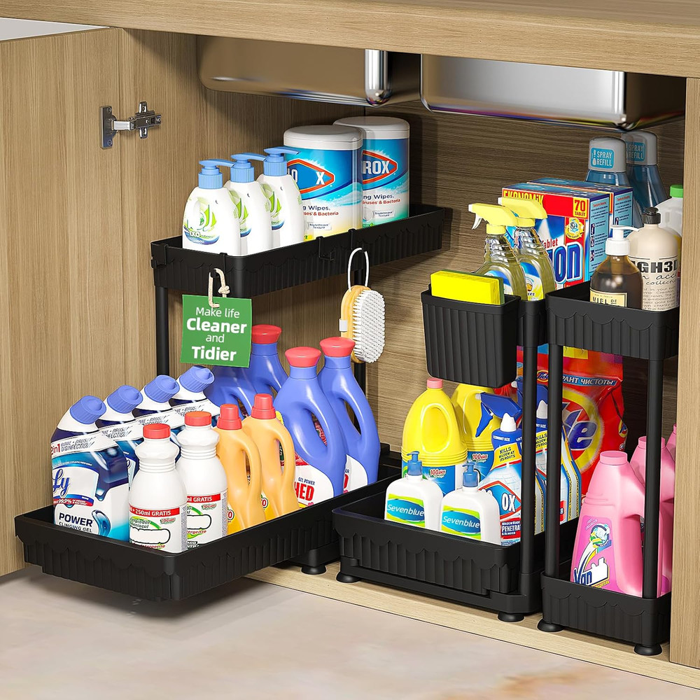 3 Pack Multi-Purpose Pull-Out Storage Organizers, 2-Tier L-Shaped under Sink/Cab