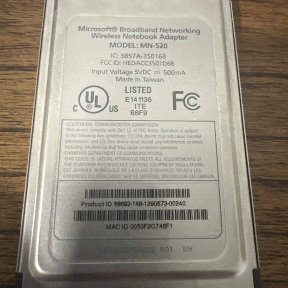 Microsoft Broadband Wireless Notebook/Laptop Adapter MN-520 Chip Insert 2002