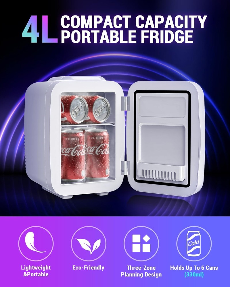 Mini Fridge, 4 Liter/6 Cans Small Refrigerator With Dimmable LED Light,AC/DC ...