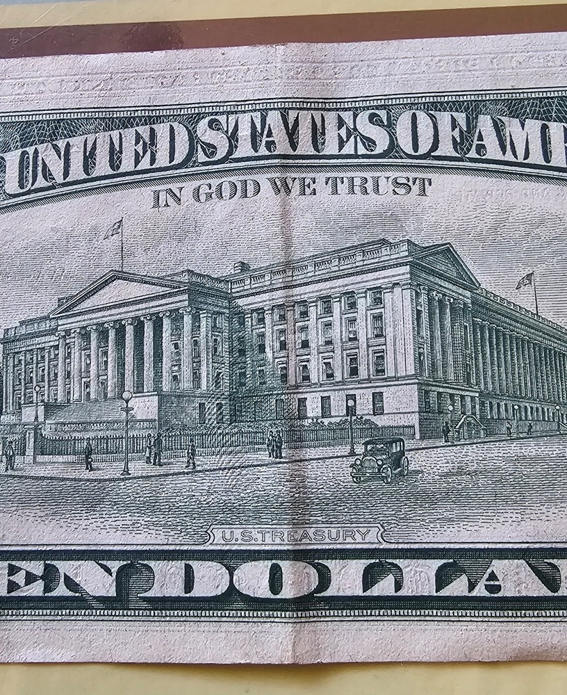 $10 bill 1969c off center front and back with seal misalignment error