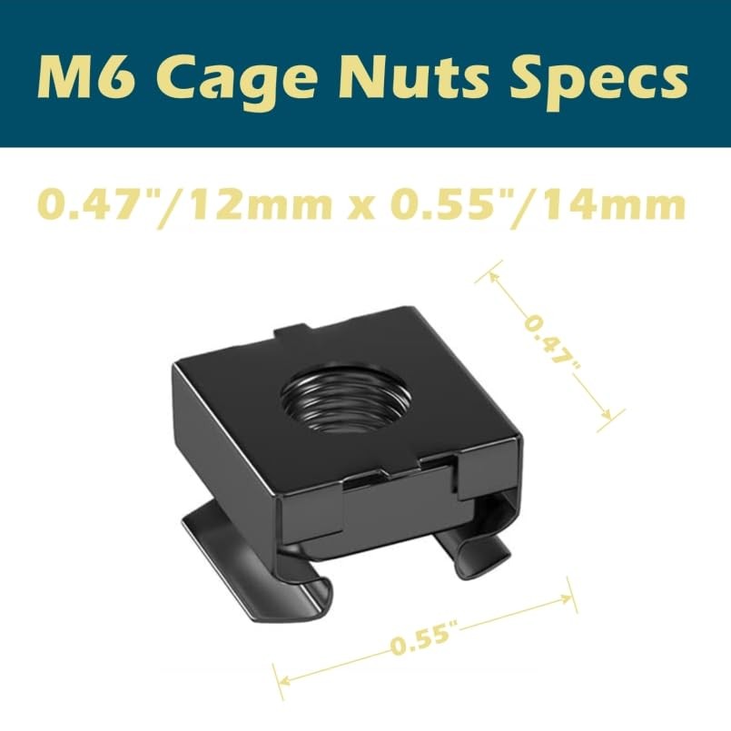 50 Pack M6 Rack Mount Cage Nuts, Screws Nuts 50 Pack, Black