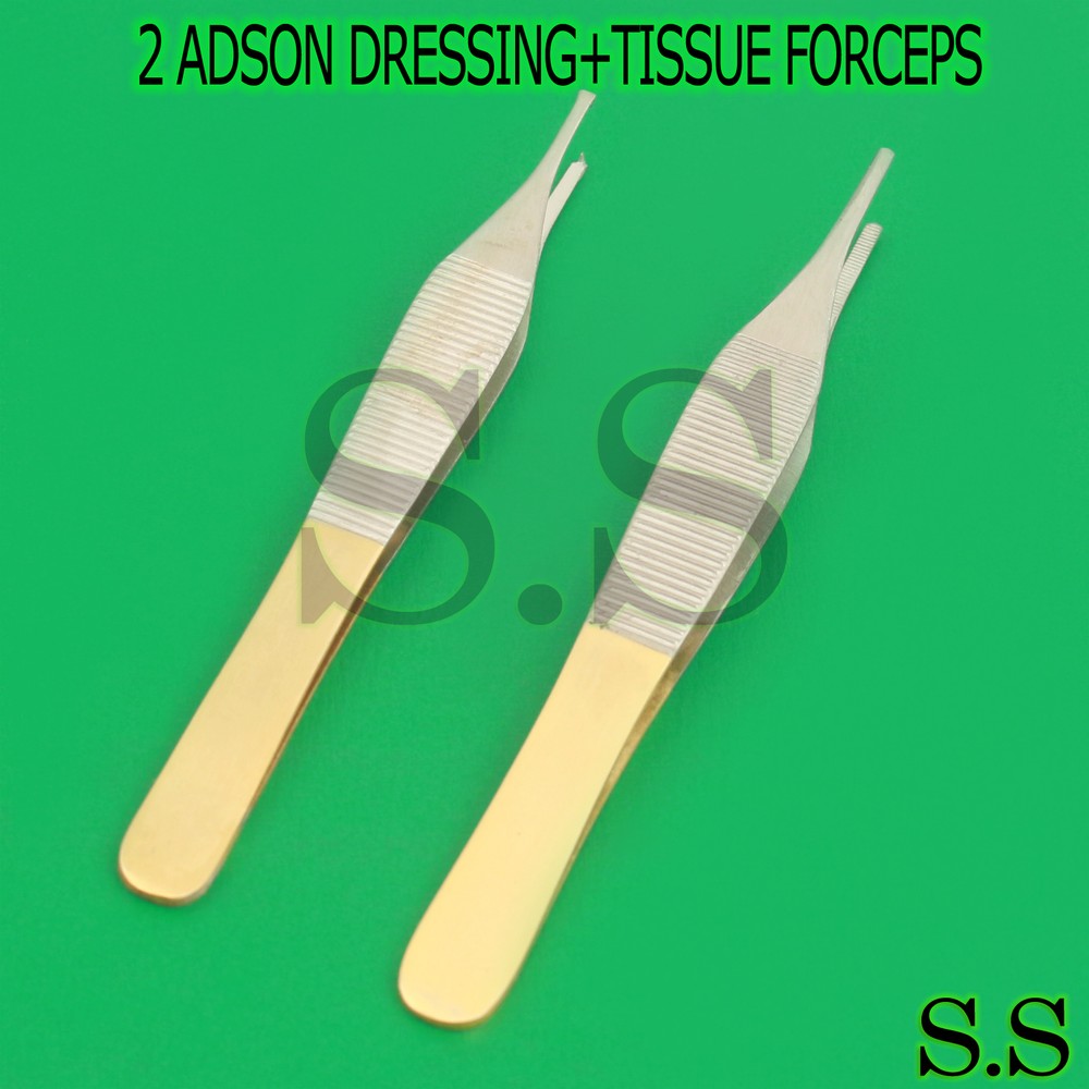 2 PLASTIC SURGERY ADSON DRESSING+TISSUE FORCEPS SURGICAL INSTRUMENT GOLD HANDLE