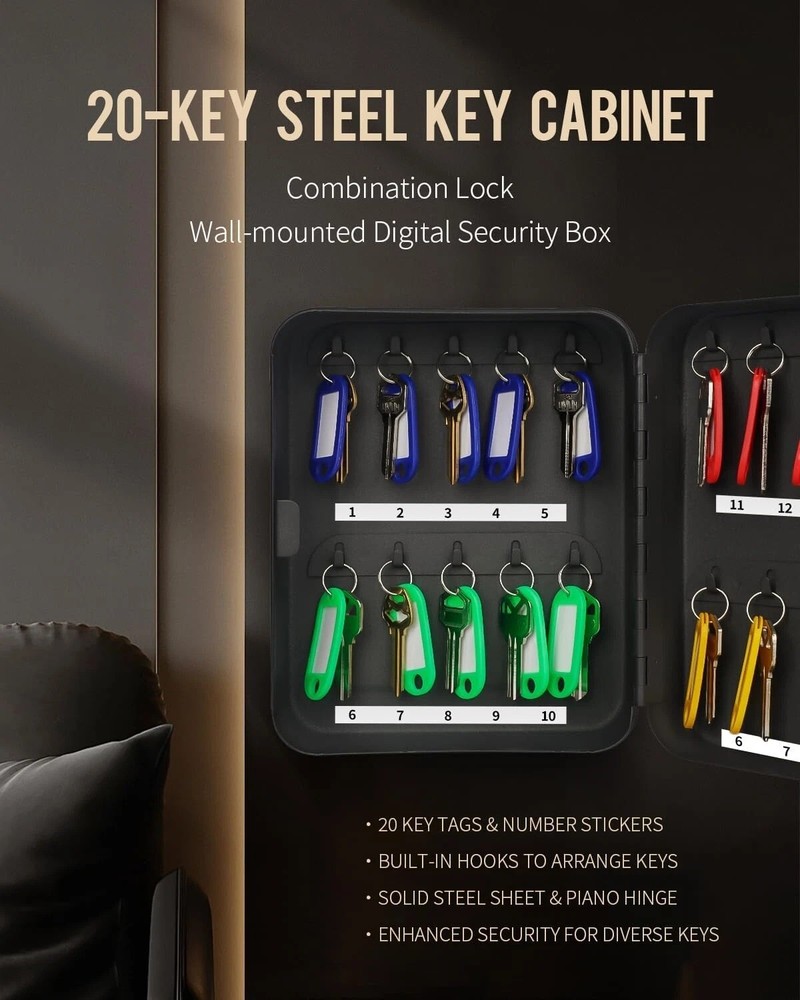 20 Position Key Cabinet with Combination Lock Resettable Black Digital Security