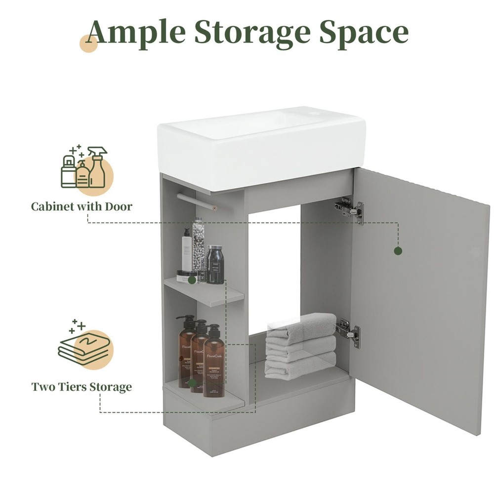 Small Bathroom Vanity with Ceramic Sink Grey MDF Cabinet Left Right Orientation