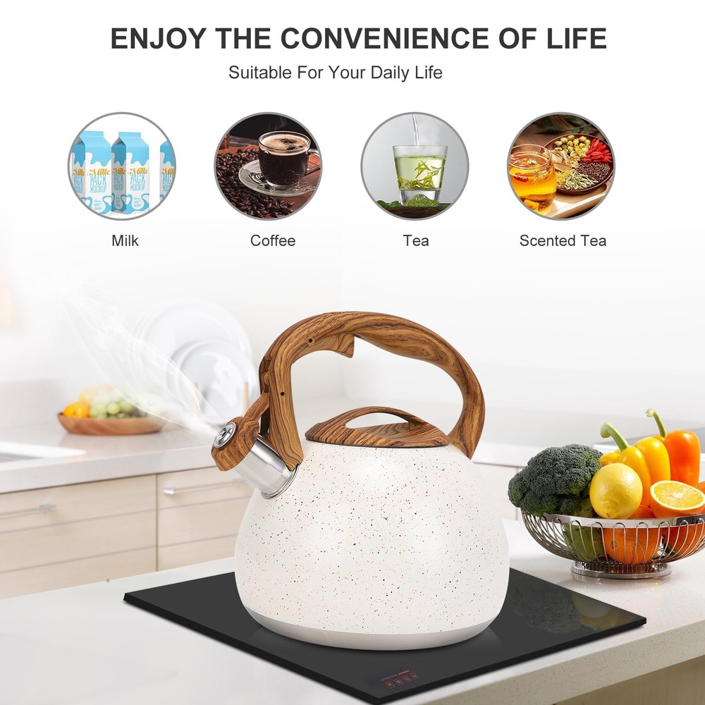 Whistling Tea Kettle 3 Liter with Wood Pattern Folding Handle B-White