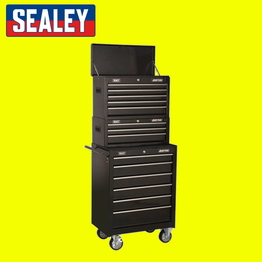Sealey AP22BSTACK Black Topchest & Mid-Box & Rollcab 14 Drawer Stack