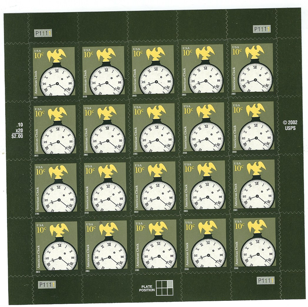 Scott #3757...10 Cent...Clock...Pane of 20