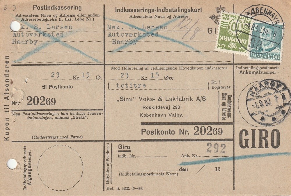 DENMARK: Postal form for giro payment 1957.