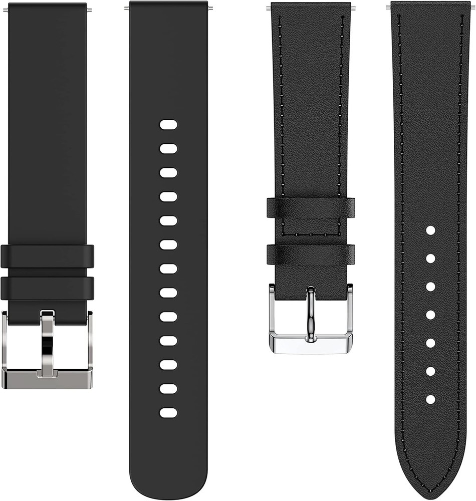 KALINCO 2-Pack Smart Watch Bands 20mm Adjustable Black+Leather Black