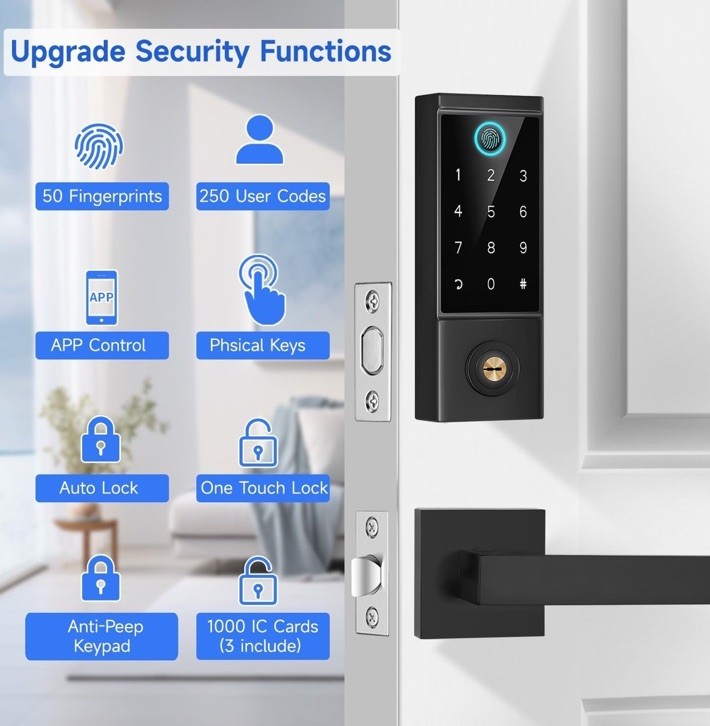 BEBASIA APP Control Fingerprint Lock with Handle, Heavy Duty Smart Keyless Entry