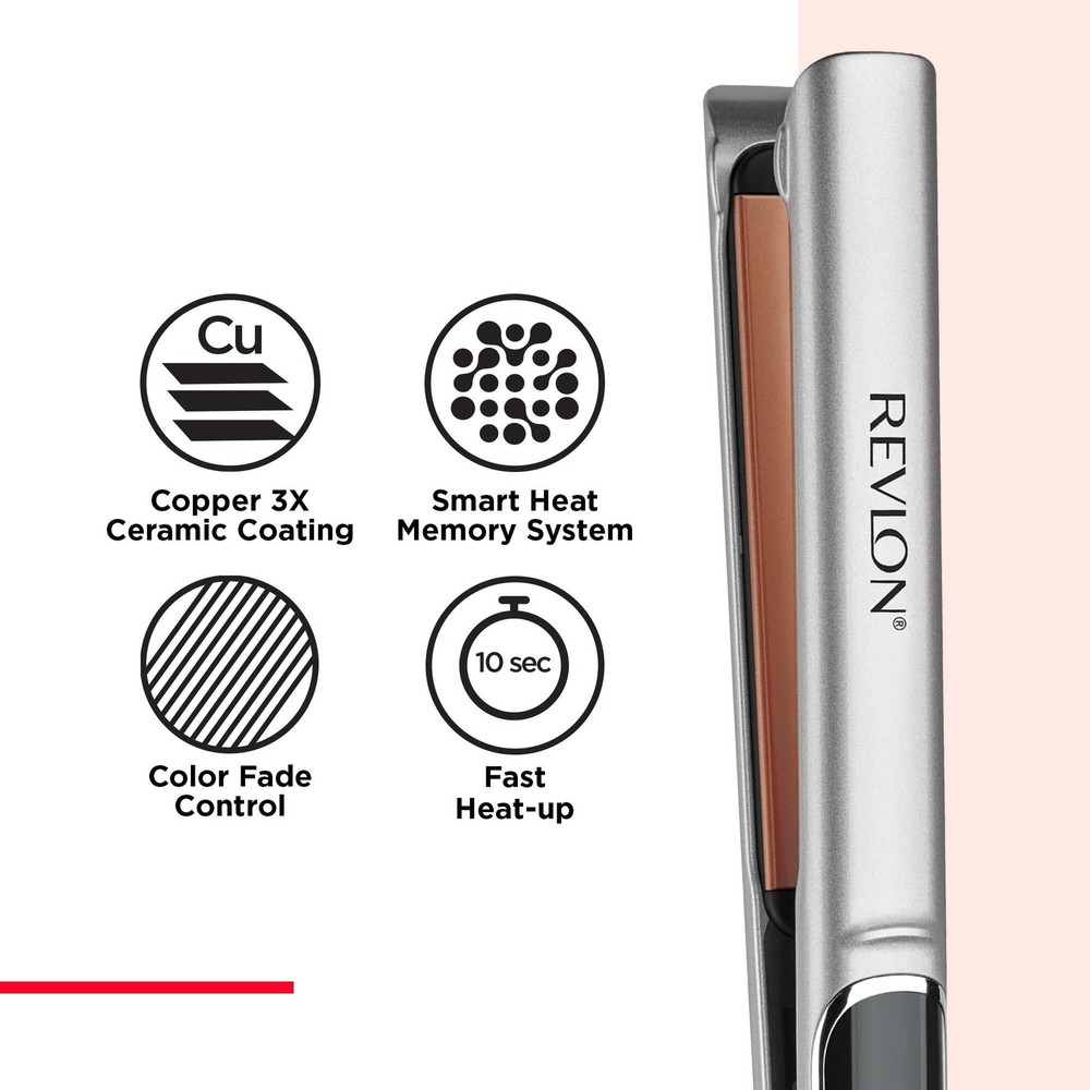 Revlon Extra Long Copper + Ceramic Plates 1" Flat Iron, Silver