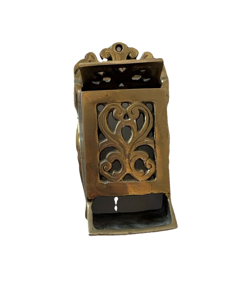 Vintage Ornate Solid Brass Match Box Holder Wall Mount With Flap Lid