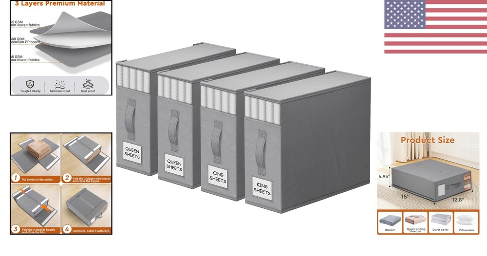4-Pack Foldable Bed Sheet Organizers with Window & Labels - Elegant Gray