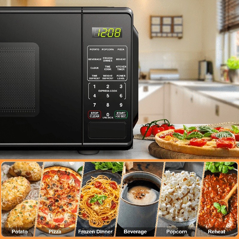 Compact Microwave Oven 700W LED Display Timer Child Lock Auto Defrost Turntable