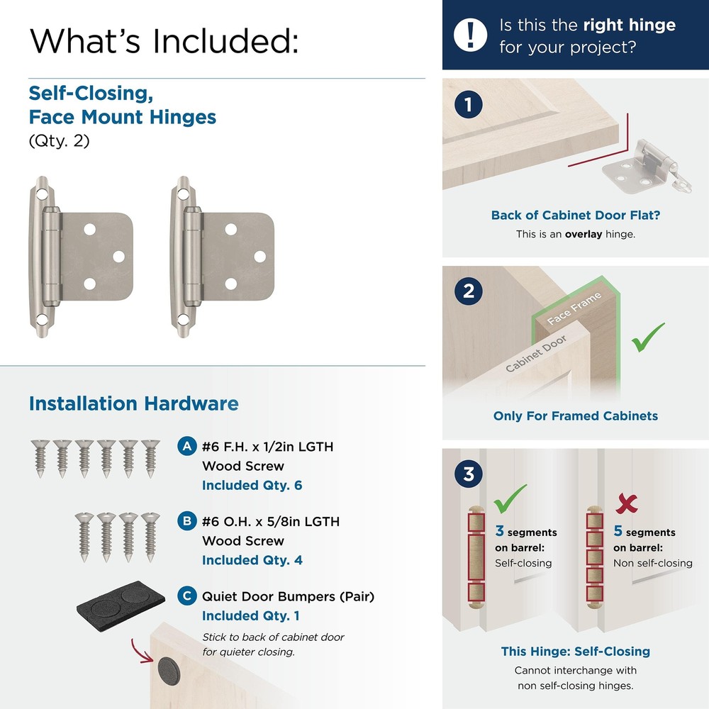 | Cabinet Hinge | Variable Overlay Hinge | Satin Nickel | 10 Pack | Self-Clos...