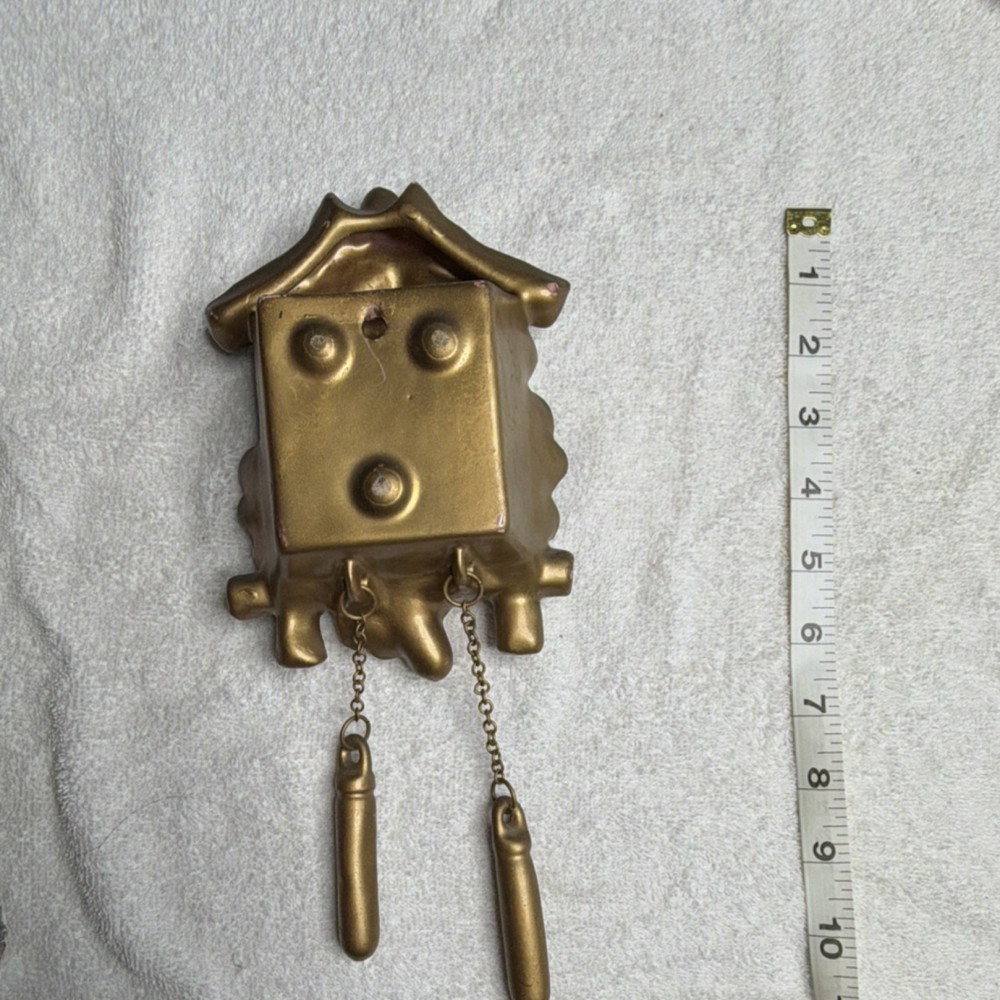 Vintage Gold White Ceramic Cuckoo Clock Black Forest Style with Chains Weights