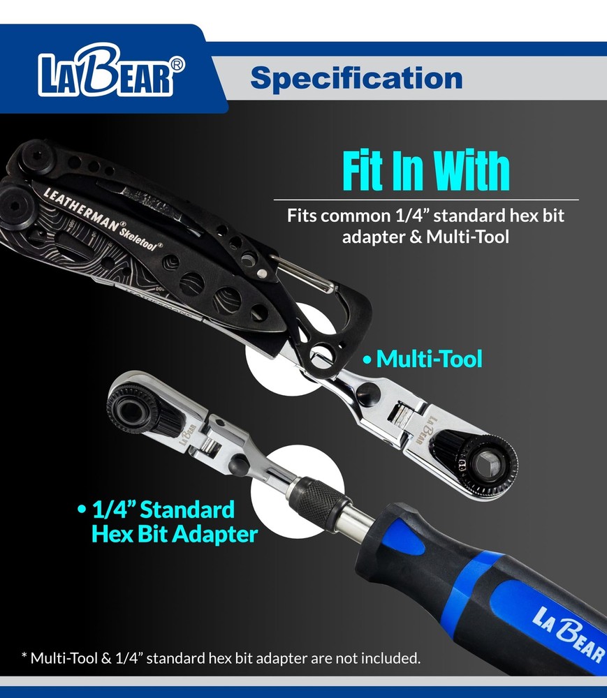 LABEAR EDC Ratchet Wrench Set – Flat End Flex Head, Screwdriver Multitool Bits