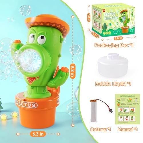 Automatic Cactus Bubble Machine with Music & Lights - Portable Bubble Blower for