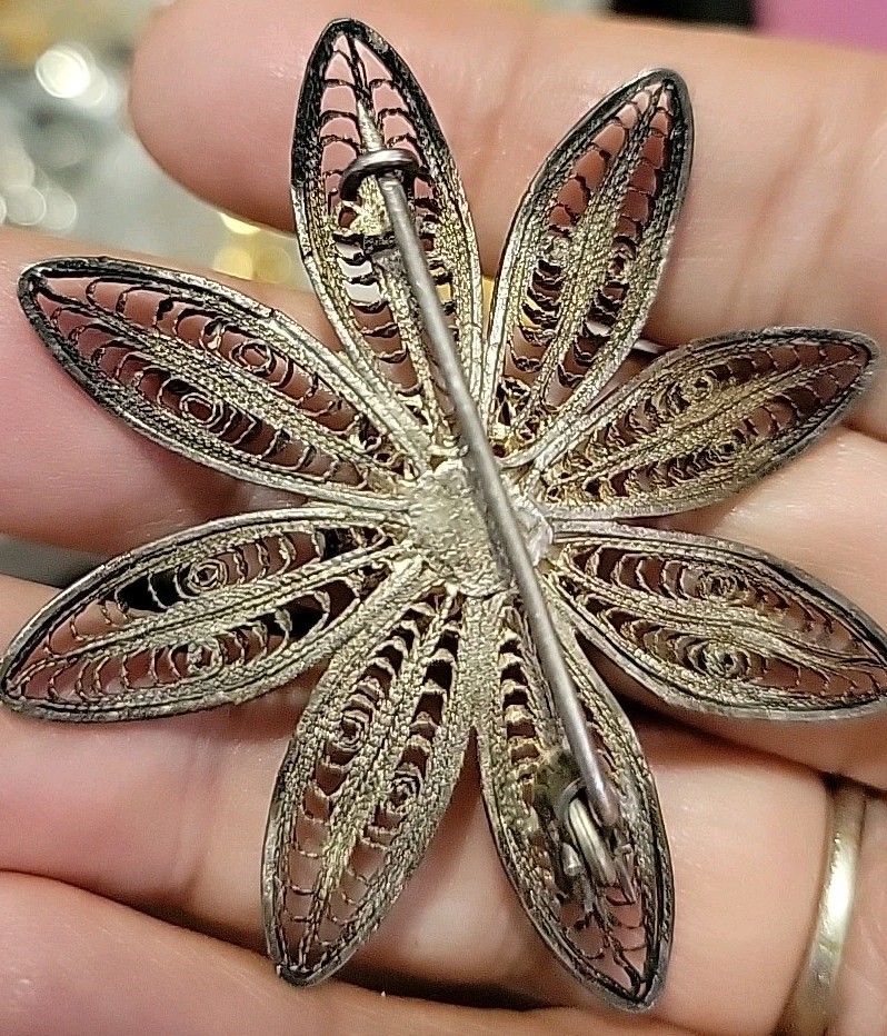 Unsigned Flower Silvertone Vintage Likely Mexico