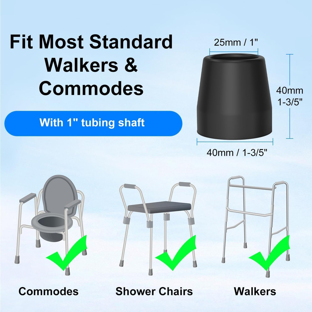 Walker Tips (4-Pack), 1 Inch Heavy Duty Rubber Tips for Walker, Commode, Shower