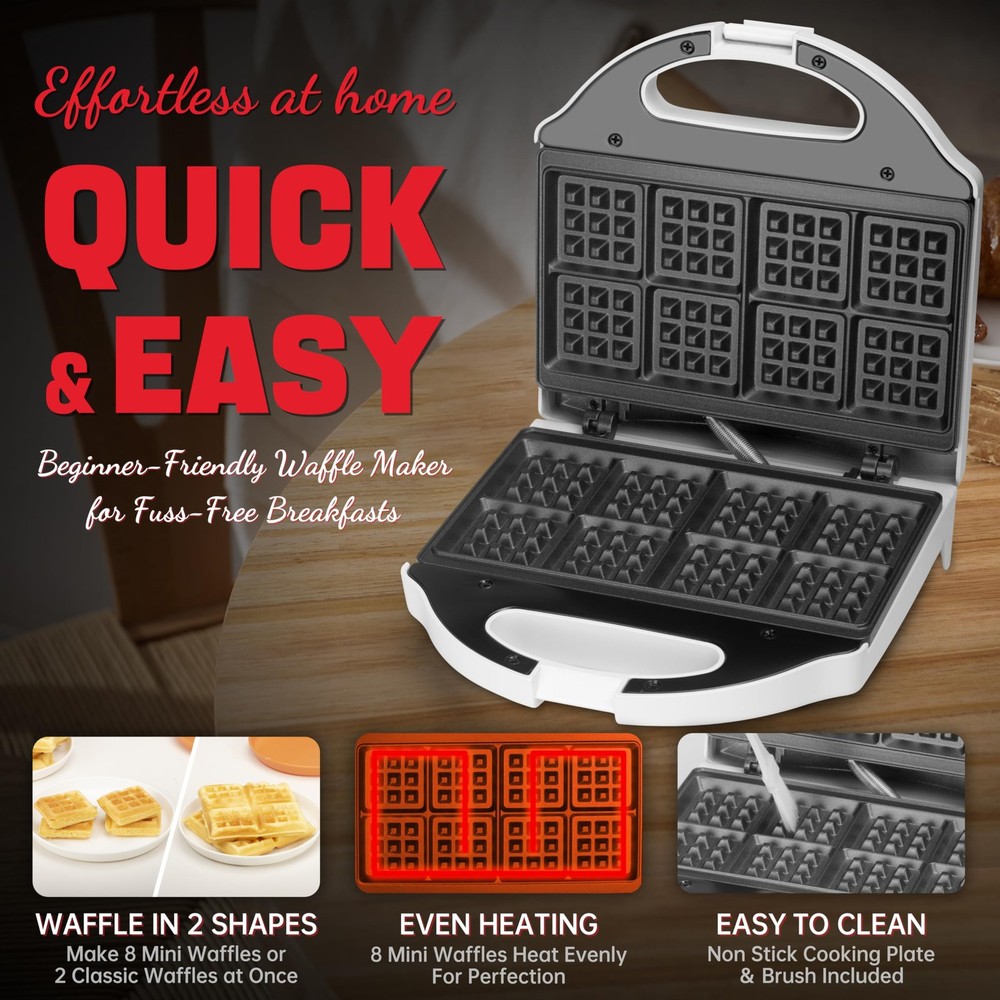 Square Waffle Maker, 2 x 4" Mini Classic Waffles Maker Machine, Waffle Iron,
