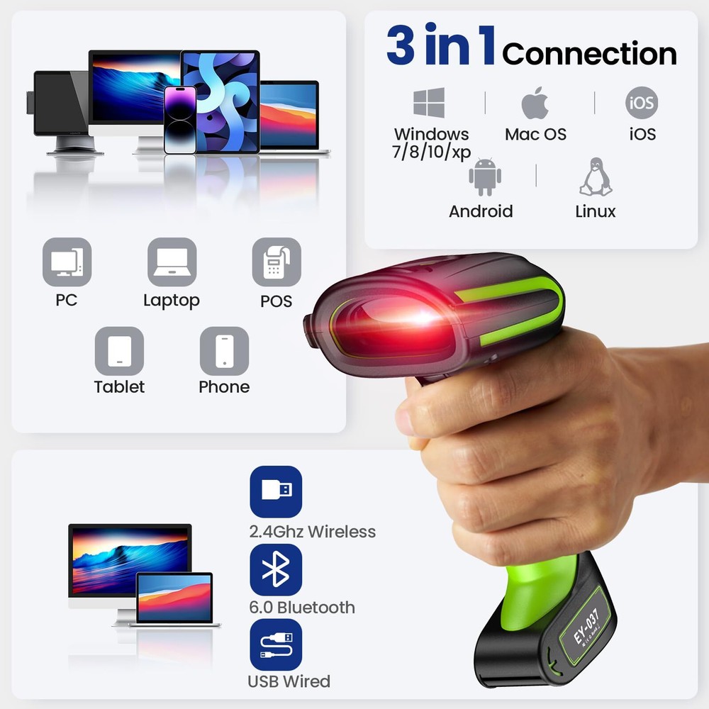 2D QR Industrial Barcode Scanner with Wireless Charging Stand, Rugged Heavy D...