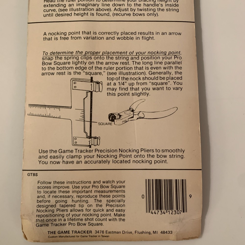 VINTAGE GAME TRACKER PRO BOW SQUARE ARCHERY COMPOUND BOW BRACING NOCKING PT NEW