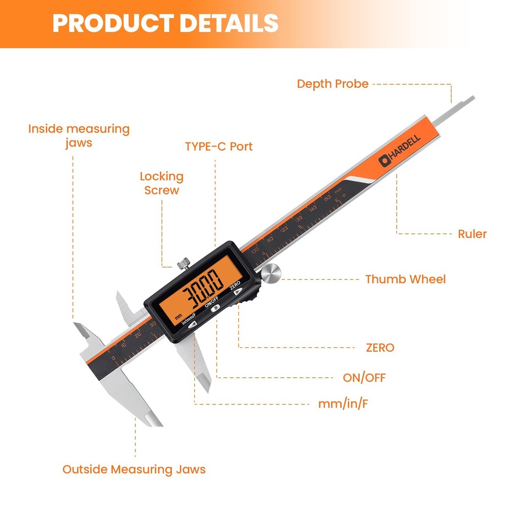 HARDELL Digital Caliper, Rechargeable Caliper Measuring Tool with Large Orang...