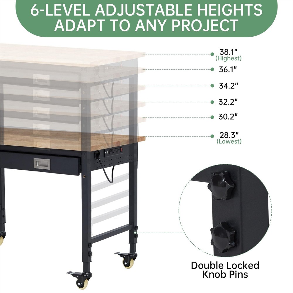48" Work Benches for Garage Adjustable Workbench with Wheels Pegboard Drawers